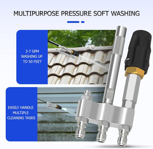 M5 Twist Nozzle,3-7 GPM Three-In-One Adjustable Downstream Soft Wash Nozzle,1/4" Quick Connect, High Reach Spray Nozzle,0 to 60° Spray Pattern,Adjustable Shooter Tips