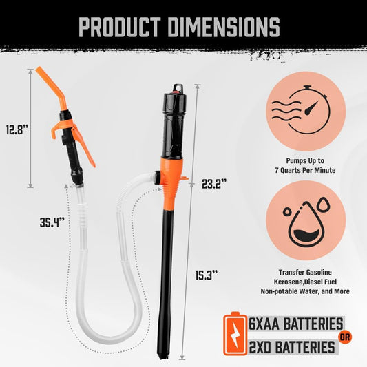 Electric Fuel Transfer Pump Battery Operated – 2.2 GPM Portable Siphon Pump with Flow Control, Dual Battery Option, for Gas, Diesel, Water, Oil, Fits 3-5 Gallon Cans