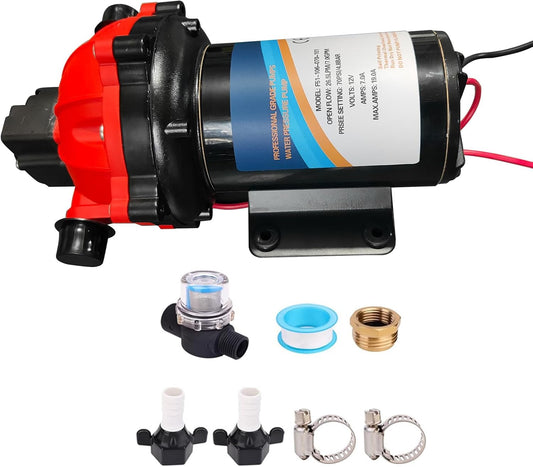 RV Fresh Water Pump 7GPM 70PSI, 12V DC Water Pump, Five Chamber Self-Priming Diaphragm Water Pump with Heavy Duty Pressure Switch and Strainer Replacement for RV, Marine, Yacht, Caravan
