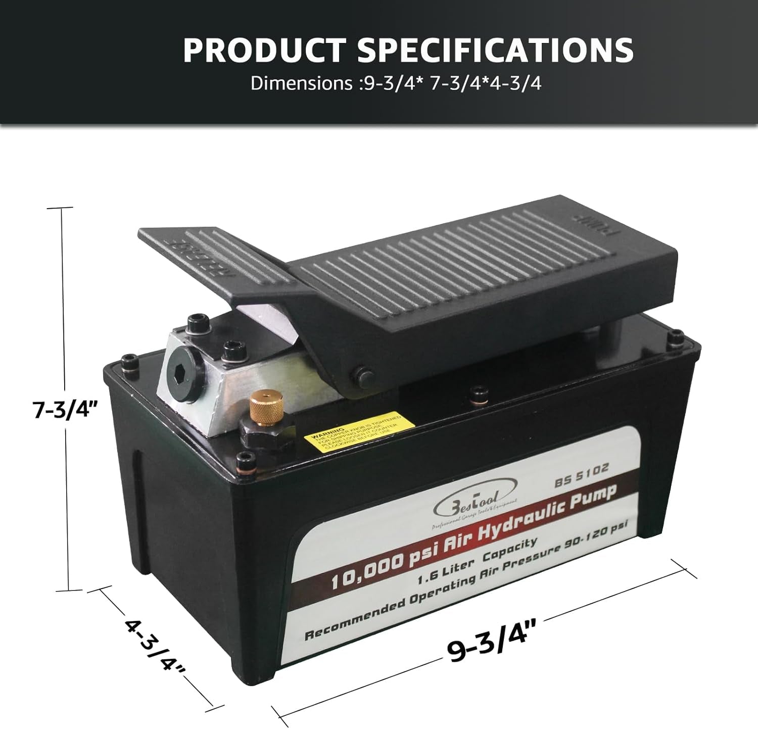 BESTOOL Air Hydraulic Pump - 10,000 PSI Hydraulic Foot Pump Pressure 1/2 Gal Reservoir Air Hydraulic Pump Air Actuated Treadle Foot Pump (Single Acting) Black