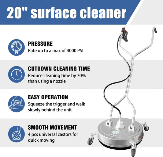 20" Pressure Washer Surface Cleaner with 4 Wheels,Dual Handle,Stainless Steel Housing, 4 Replacement Nozzles and 2 Hose Adapters,Ideal for Driveways, Sidewalks,Patios,Decks Cleaning