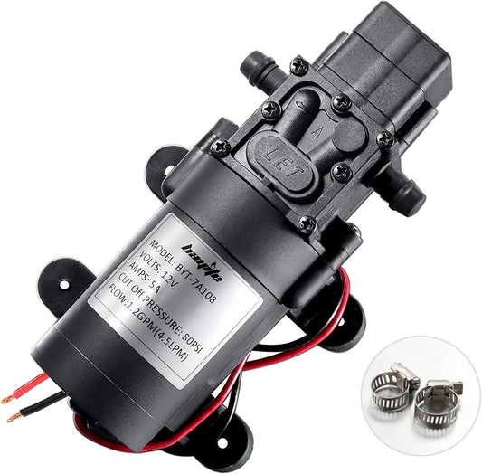 12V DC Water Transfer Pump with 2 Hose Clamps 12 Volt Diaphragm Pump Self Priming Sprayer Pump with Pressure Switch 4.5 L/Min 1.2 GPM 80 PSI Adjustable for Weed ATV Marine Boat