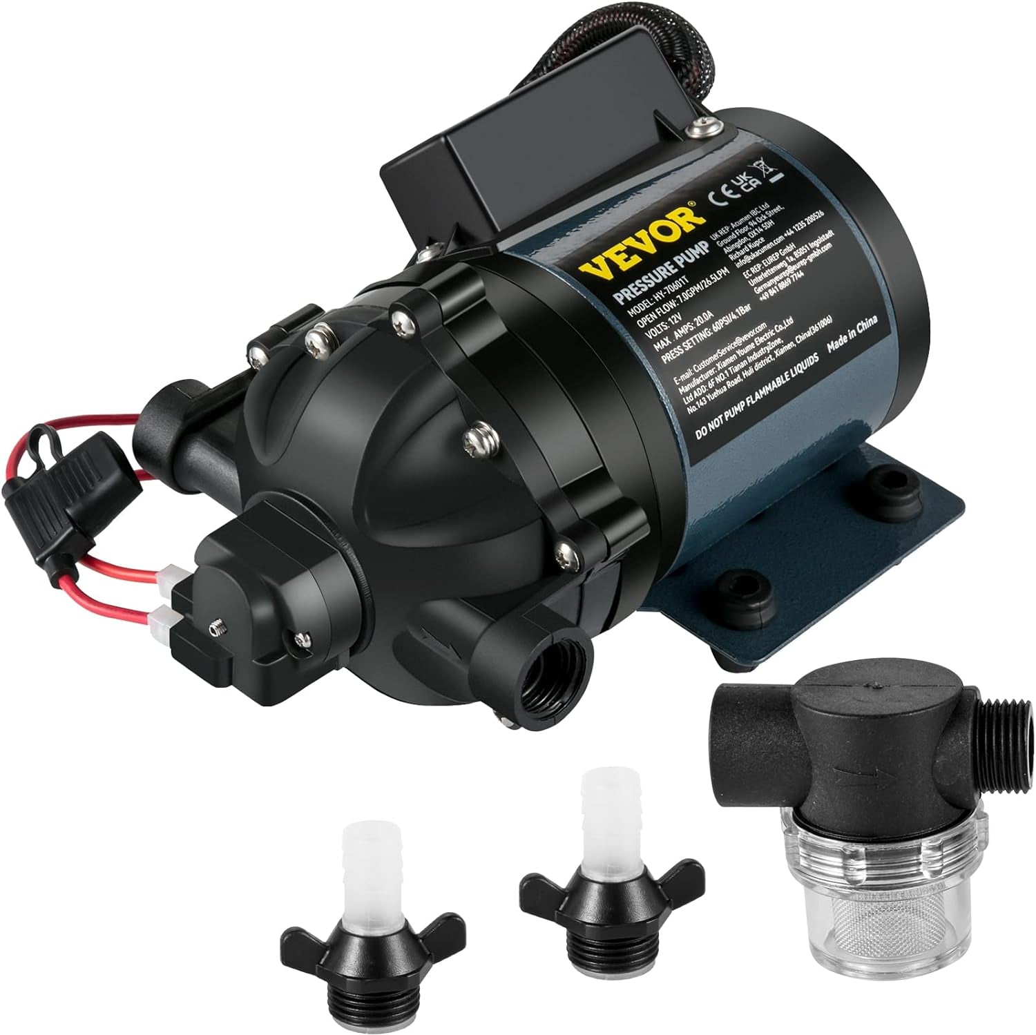 Washdown Pump, 12V DC, 7 GPM 60 PSI, Max. 10 FT Lift Self Priming Water Pump, W/Epdm Valve, Universal Salt Water Strainer & Female/Male Thread, for RV, Marine Deck, Yacht