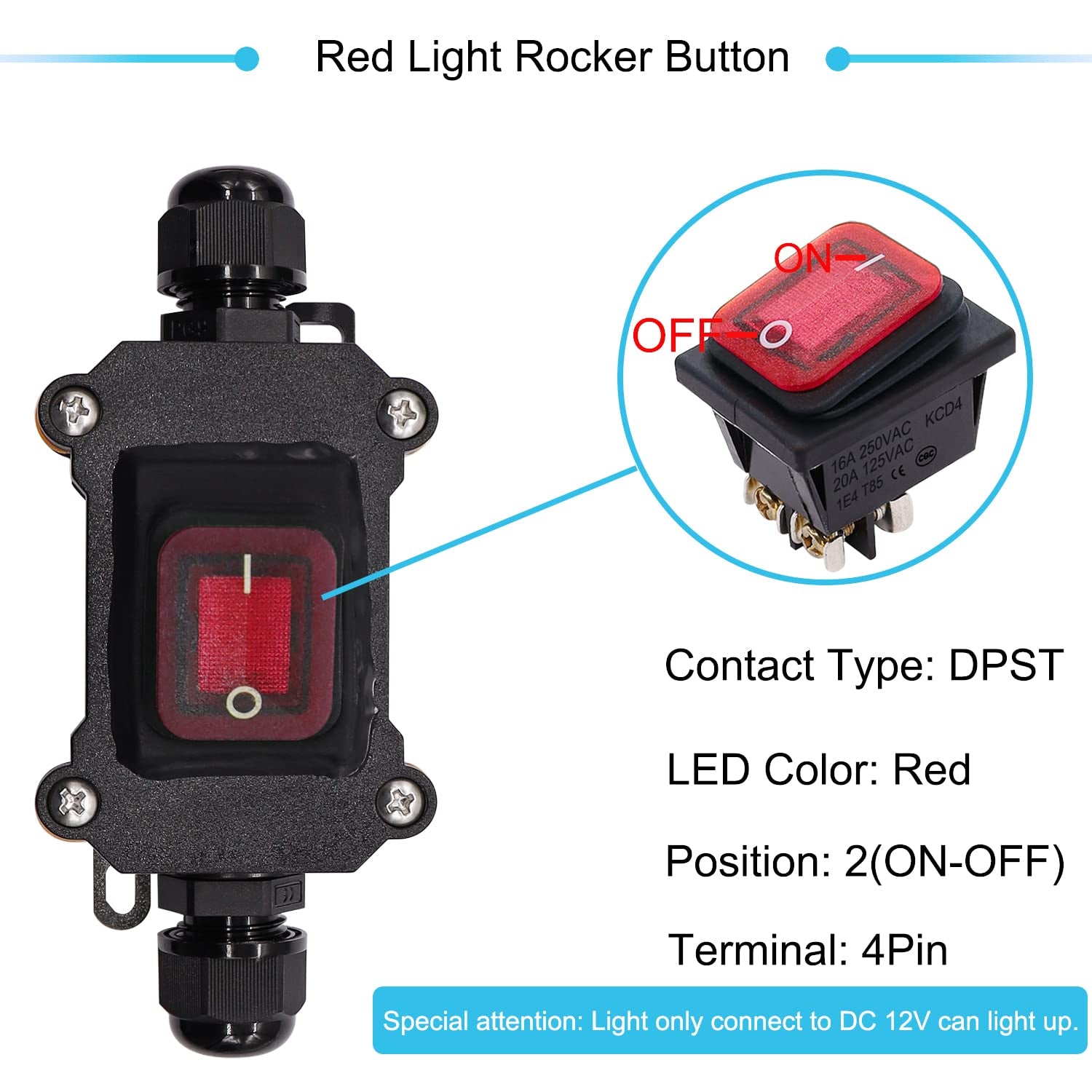 IP67 Waterproof Inline Cord Switch 12V DC 20A DPST 4Pin 2 Position on off Outdoor Toggle Switch with Red Light Rocker Button,Two-Side Entry & Exit Line