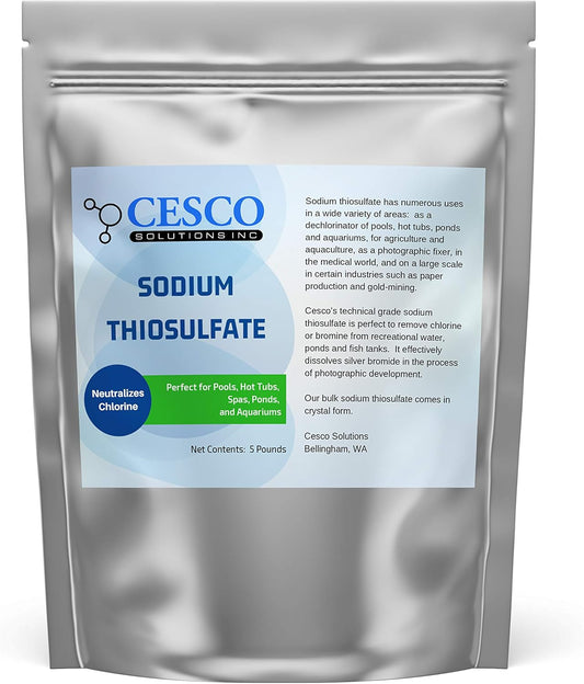 Sodium Thiosulfate Pentahydrate 5 Lbs by Cesco Solutions - for Pools, Aquarium, Pond, Hot Tubs