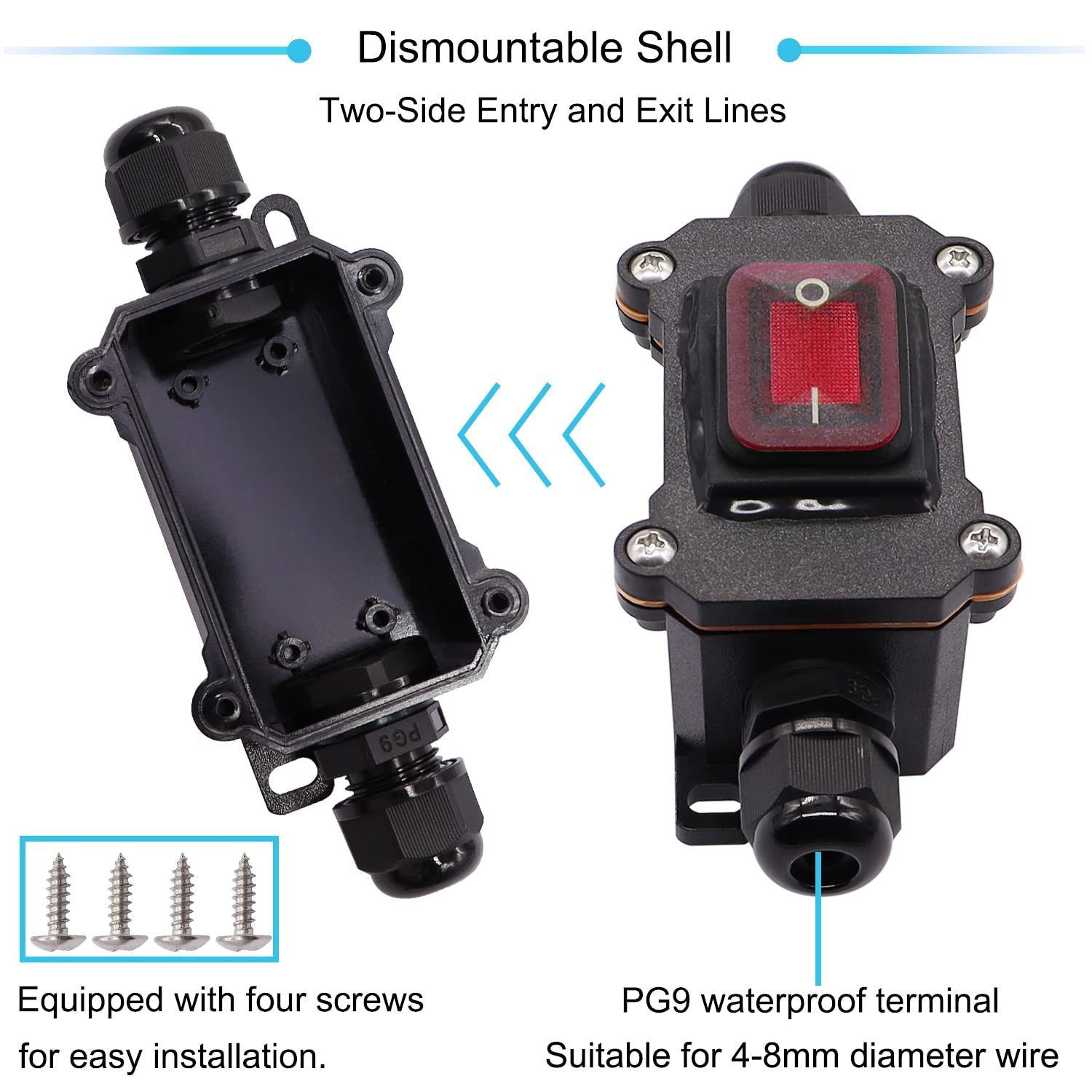 IP67 Waterproof Inline Cord Switch 12V DC 20A DPST 4Pin 2 Position on off Outdoor Toggle Switch with Red Light Rocker Button,Two-Side Entry & Exit Line