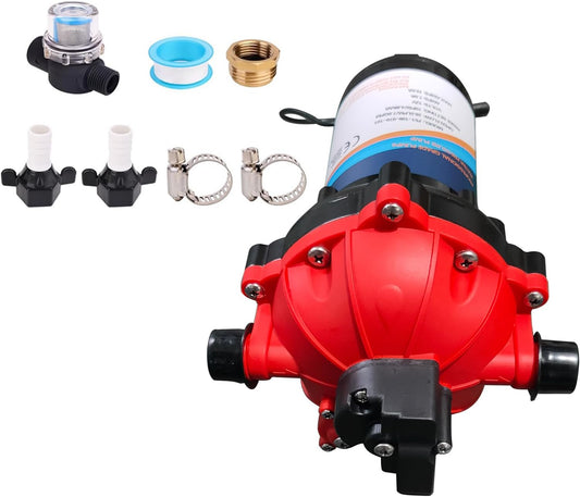 RV Fresh Water Pump 7GPM 70PSI, 12V DC Water Pump, Five Chamber Self-Priming Diaphragm Water Pump with Heavy Duty Pressure Switch and Strainer Replacement for RV, Marine, Yacht, Caravan