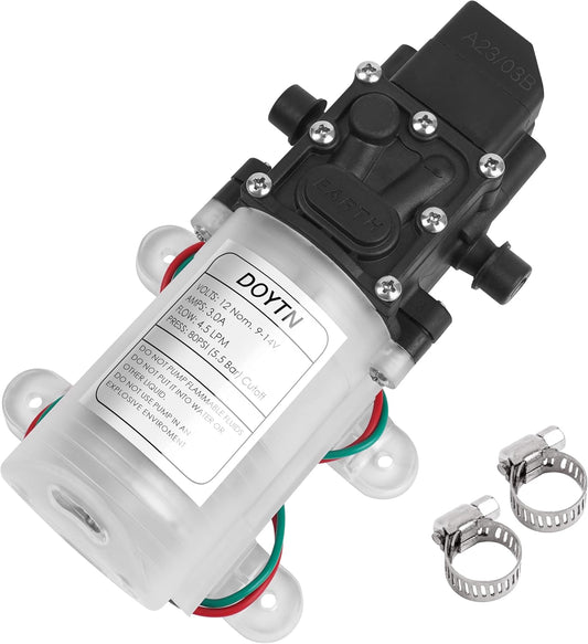 12V Diaphragm Water Pump with Pressure Switch – 1.2 GPM 80 PSI Self-Priming Sprayer with Hose Clamps – for RV, Camper, Marine, Boat – Transparent (1 Pack)