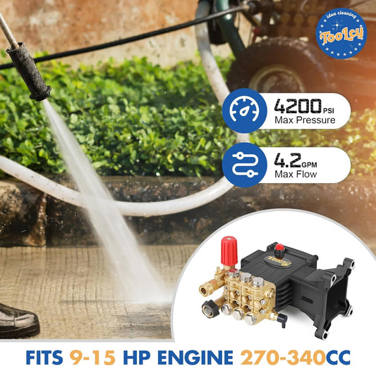 Pressure Washer Pump 3600-4200 PSI Max, Replacement Pump 4 GPM, Triplex Plunger, Horizontal 1" Shaft Gas Power Washer Pump with Pressure Adjustment Unloader & Chemical Injection, Direct Drive