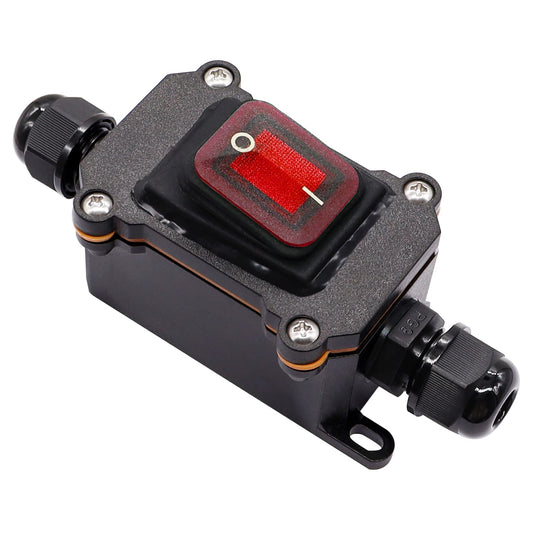 IP67 Waterproof Inline Cord Switch 12V DC 20A DPST 4Pin 2 Position on off Outdoor Toggle Switch with Red Light Rocker Button,Two-Side Entry & Exit Line