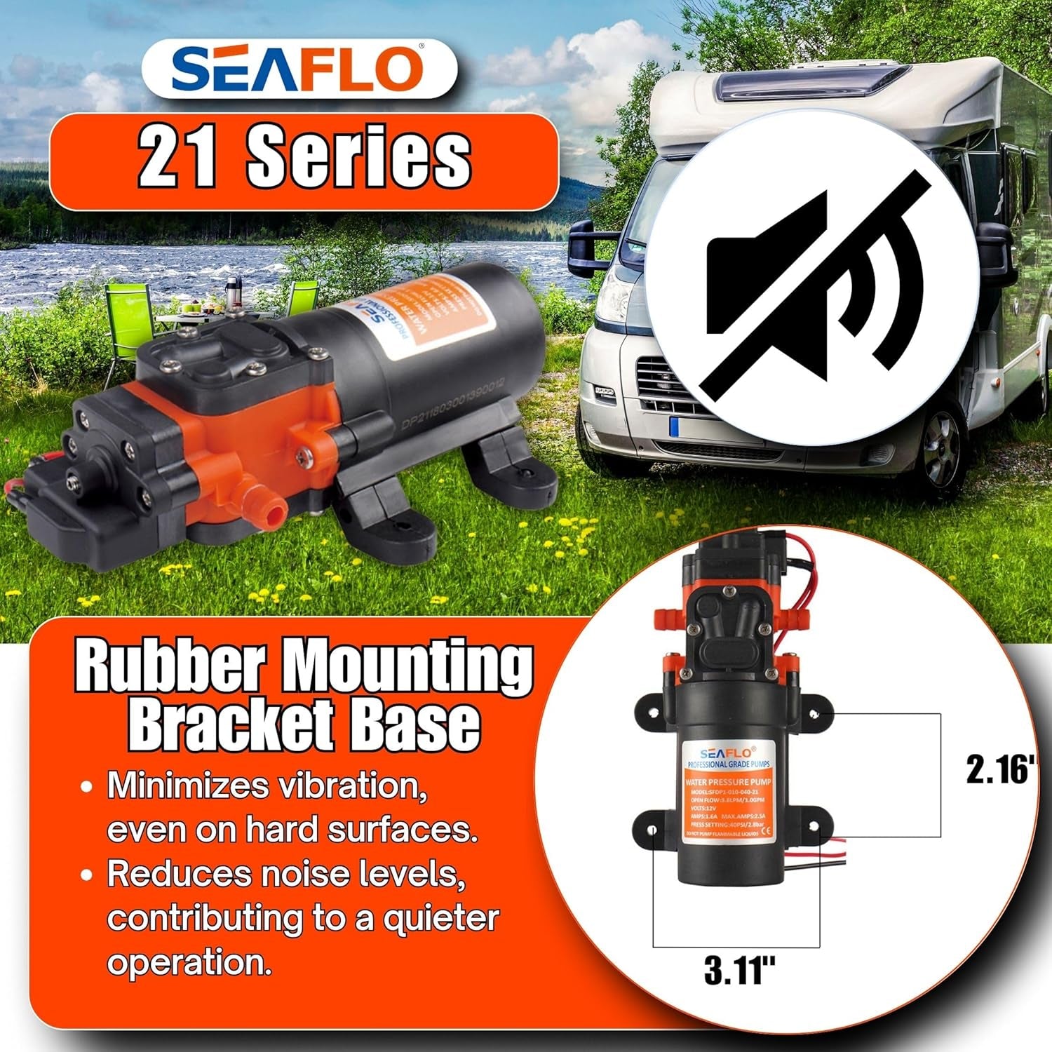 21-Series Water Pressure Diaphragm Pump - 12V DC, 1.2 GPM, 35 PSI with Adjustable Pressure Switch, Self-Priming, Quiet Operation for RV, Boat, and Off-Grid Applications