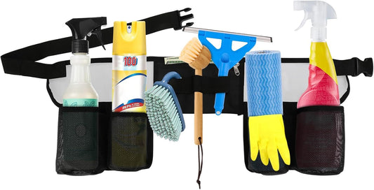 Tool Belt, Cleaning Apron for Cleaning Supplies, Tool Apron for Women and Men Housekeeping, Window Cleaning, 4 Bottle Carrier Bags, Black