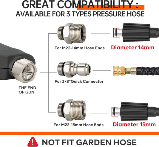 Pressure Washer Short Gun, Commercial 5000 PSI 12 GPM 5 Spray Nozzle Tips, 3/8" Quick Connect Plug and M22-14/15Mm Fittings, Power Washer Gun Compatible with Foam Cannon