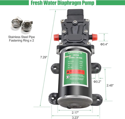 Fresh Water Pump 12V DC Diaphragm Pump with Adjustable Pressure Switch 6L/Min 1.56GPM Self Priming Sprayer Pump with 2 Hose Clamps 100PSI Agriculture Pump for RV Camper Marine Boat Garden Lawn