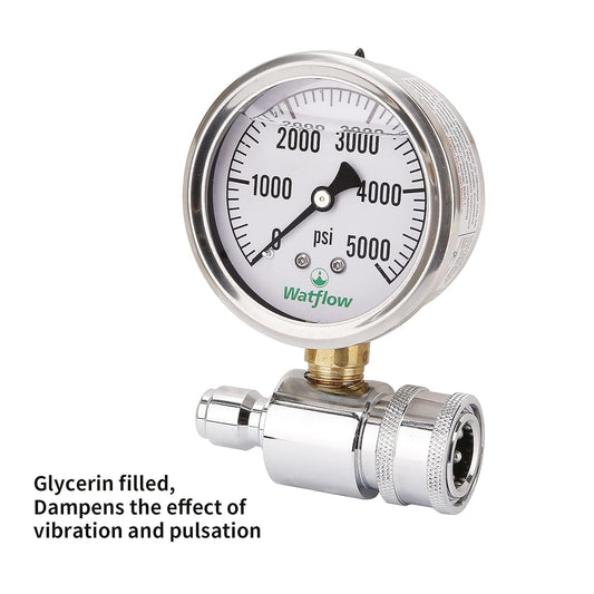 2-1/2" Pressure Washer Pressure Gauge Kit, 3/8 Inch Quick Connect, 0-5000 PSI, Liquid Filled
