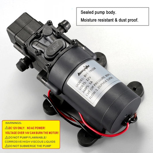 12V DC Water Transfer Pump with 2 Hose Clamps 12 Volt Diaphragm Pump Self Priming Sprayer Pump with Pressure Switch 4.5 L/Min 1.2 GPM 80 PSI Adjustable for Weed ATV Marine Boat