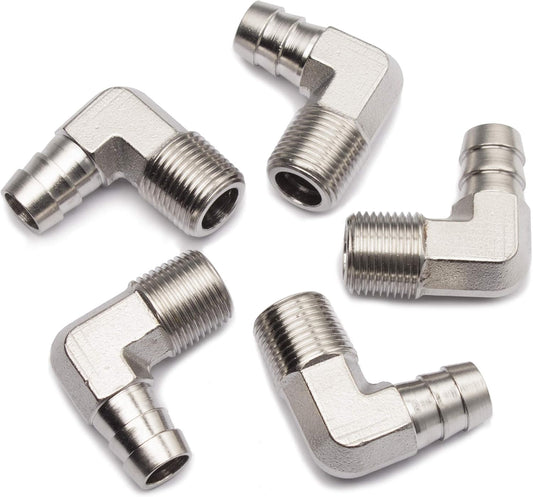 90 Degree Elbow Stainless Steel 316 Barb Fitting 1/2" ID Hose X 3/8" Male NPT Air Gas (Pack of 5)