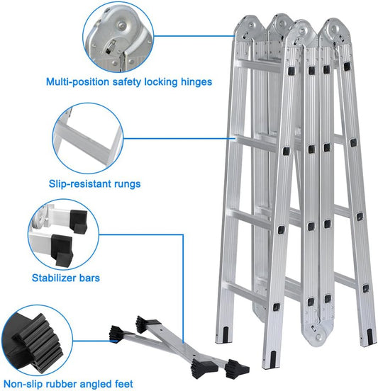 15.4Ft Telescoping Ladder Multi Purpose Aluminum Extension Ladder, Folding Ladder Certified by EN131, 330Lbs Capacity Heavy Duty with Safety Locking Hinges and 2 Panels for Free