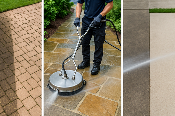 Wide banner with three side-by-side panels:

paver patio half dirty/half clean (pressure washing).

stone walkway being washed with a surface cleaner.

concrete driveway before/after.
Daylight, pro technician, water spray, clean white background.